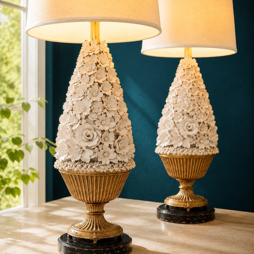 Vintage Manises Casa Pupo Style Porcelain Floral Lamps with Ceramic Flowers